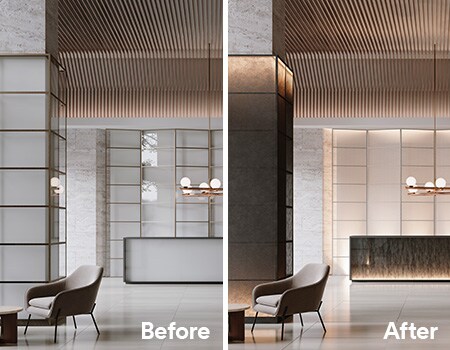 Before and after image of reception area refinished with 3M DINOC and FASARA finishes.
