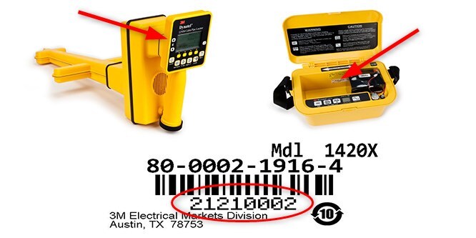 Image showing 2 yellow 3M™ Dynatel™ locators with red arrows indicating where the user can find the serial number barcode, shown enlarged at the bottom of the image.
