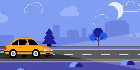 cartoon graphic of car on dark road
