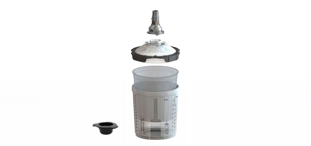 components of the 3M PPS Series 2.0 Spray Cup System on a white background
