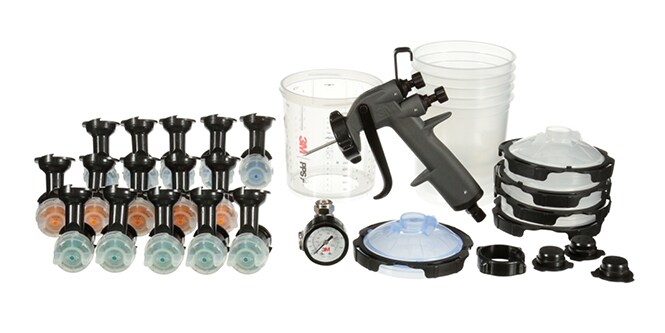 All components of a 3M Performance Spray Gun Kit such as nozzles, adaptors, cups, lids, liners, gun on a white background
