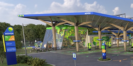 EV charging station overlapped with 3M graphics and signage products.
