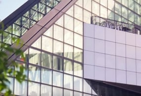 Sun Control Window Films seen from the exterior of a building reflect light and nearby trees.