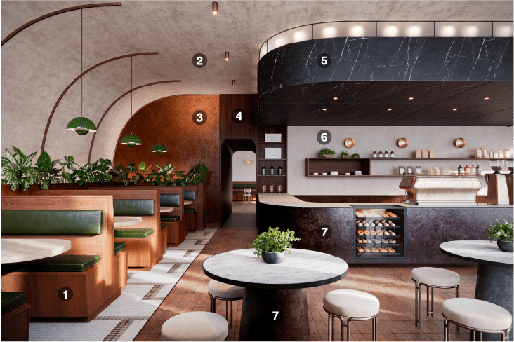 Modern cafe refreshed with DI_NOC architectural finishes
