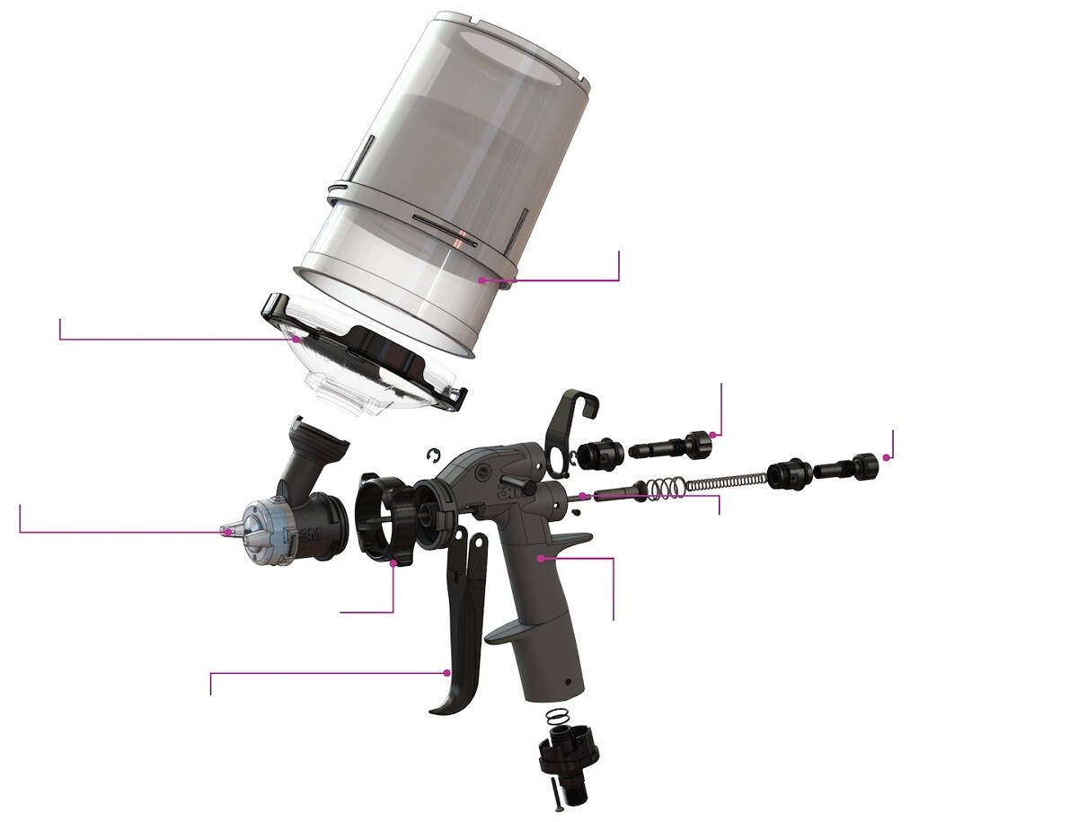 a spray gun exploded on a white background
