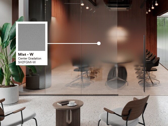 Image of modern office conference room featuring warm colors, stone floors and greenery with product callout of Mist glass finish.
