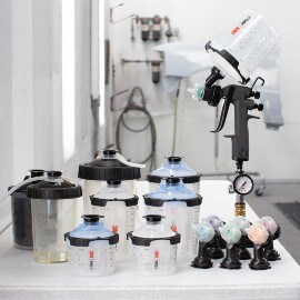 All components of a 3M Performance Spray Gun Kit such as nozzles, adaptors, cups, lids, liners, gun