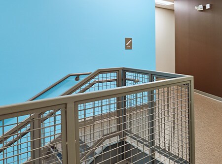 Hallway and staircase with solid blue and brown graphic film covered walls
