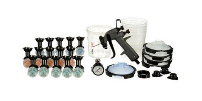 Components of 3M Performance Spray Gun Kit such as nozzles, adaptors, cups, lids, liners, spray gun

