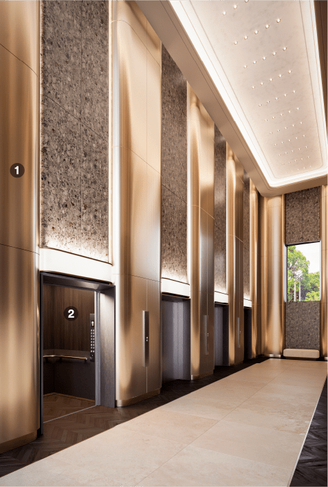 Elevator hallway refreshed with metallic architectural finishes
