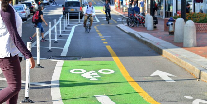 Protected bike lane in city street
