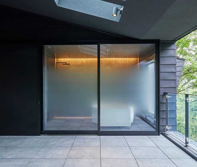 Glass finish to create privacy without disconnecting indoor and outdoor space
